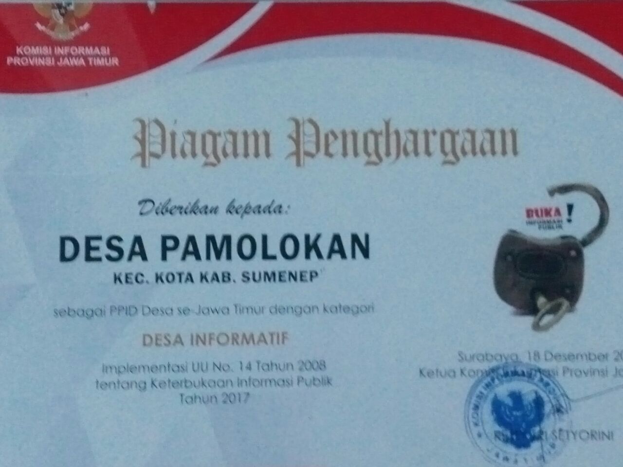 Desa Pamolokan Sabet Penghargaan Desa Informatif Se-Jatim