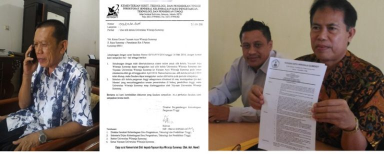 KISRUH: Achmad Novel (kiri), copy surat Kementristek Dikti kepada Yayasan Arya Wiraraja Sumenep (tengah), dan Pembantu Rektor Unija Sjaifurrahman saat menunjukkan Surat Pemecatan Ach. Novel dalam konferensi persnya, Minggu (17/07) lalu. (Foto/Han/Dok. Novel/rri.co.id)