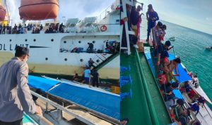 KM Sabuk Nusantara 91 Menunggu Air Pasang untuk Mundur dari Karang